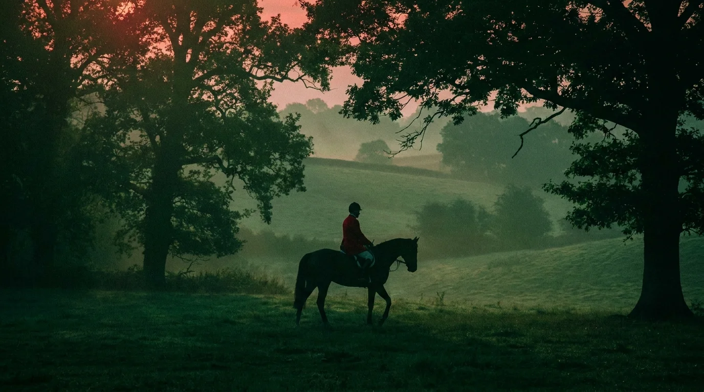 Rider in a scarlet coat hacking out across misty parkland at dawn